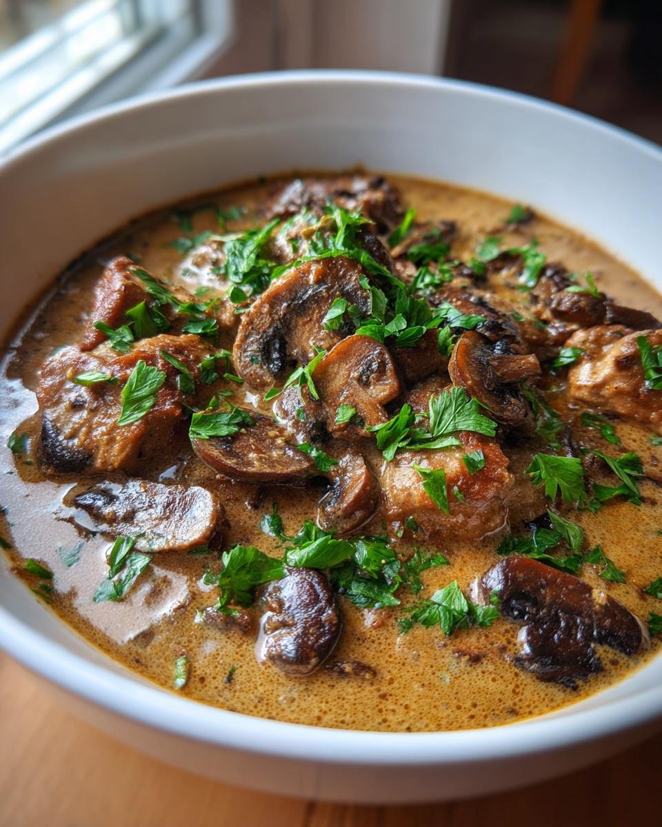 Close-up of a bowl of Creamy Turkey Stroganoff (Lightened) with mushrooms and parsley garnish.