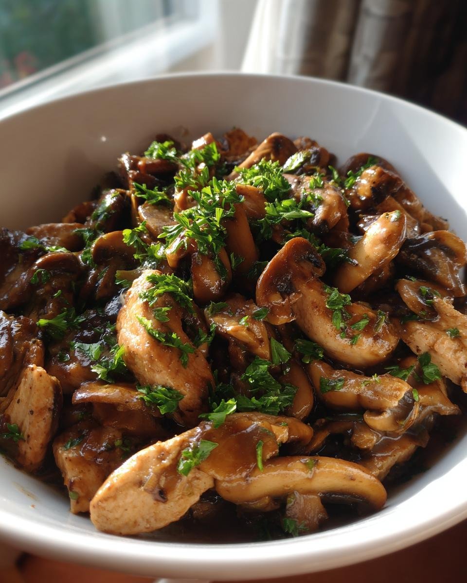 A bowl of Creamy Turkey Stroganoff (Lightened) with mushrooms and parsley garnish, ready to serve.