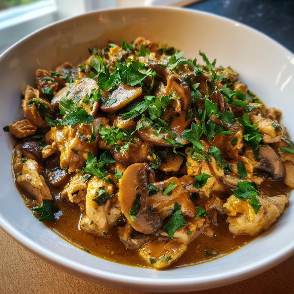 Bowl of Creamy Turkey Stroganoff, lightened, with mushrooms and fresh parsley garnish.