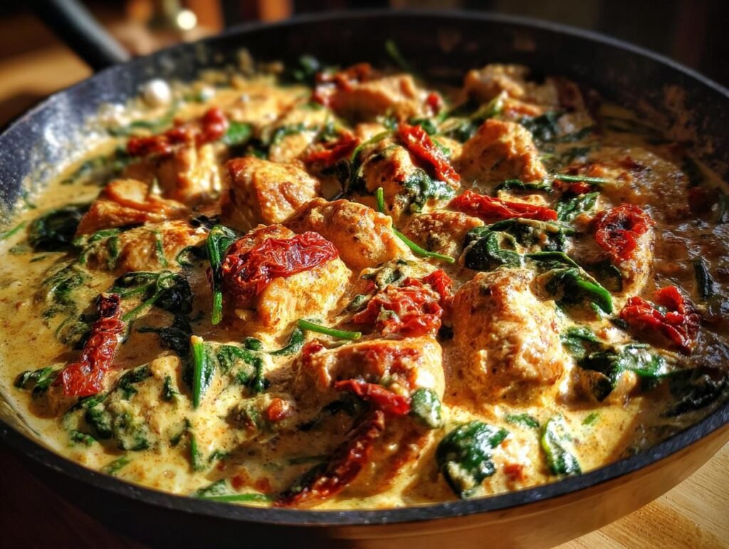 Close-up of Creamy Tuscan Chicken (Skillet) with spinach and sun-dried tomatoes in a creamy sauce.