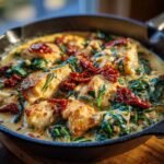Close-up of Creamy Tuscan Chicken (Skillet) with sun-dried tomatoes and spinach in a creamy sauce.
