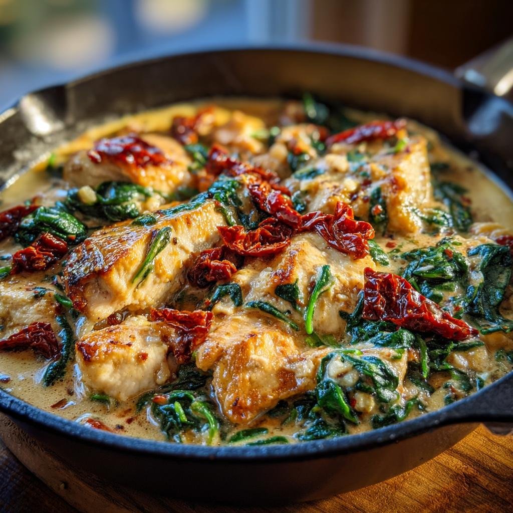 Close-up of Creamy Tuscan Chicken (Skillet) with sun-dried tomatoes and spinach in a creamy sauce.