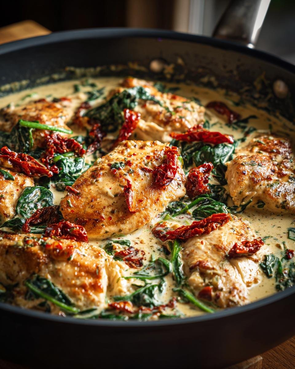Close-up of Creamy Tuscan Chicken (Skillet) with spinach and sun-dried tomatoes in a creamy sauce.