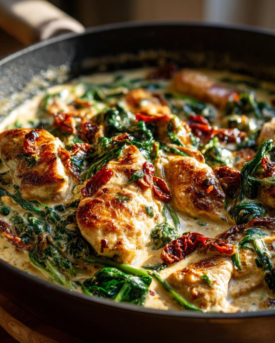 Close-up of Creamy Tuscan Chicken (Skillet) with spinach and sun-dried tomatoes in a rich, creamy sauce.