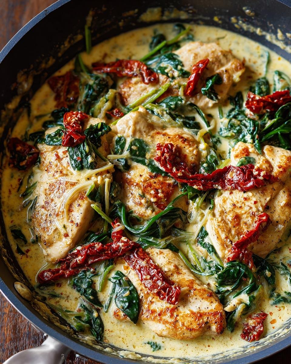 Close-up of Creamy Tuscan Chicken (Skillet) with spinach and sun-dried tomatoes in a creamy sauce.