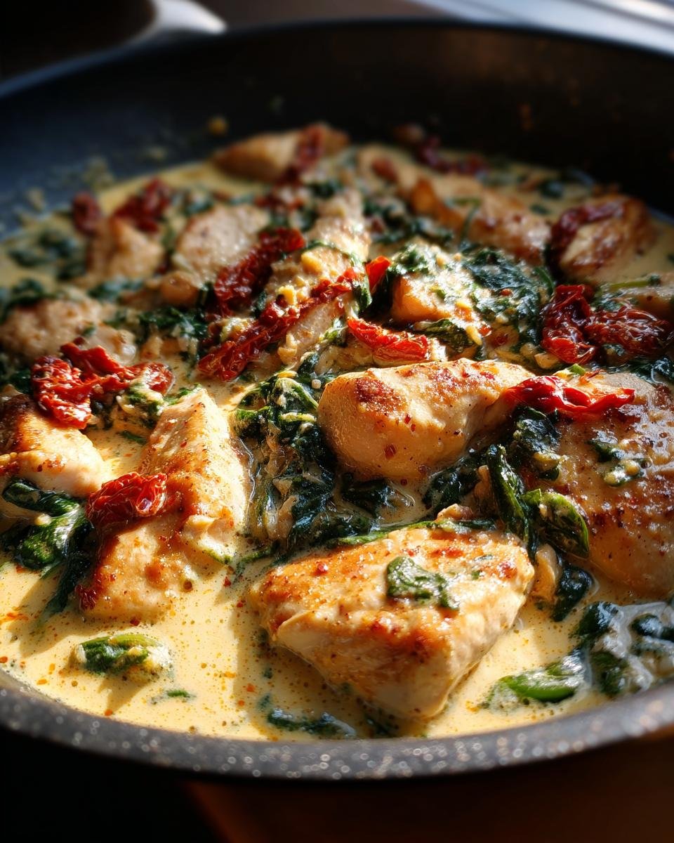 Close-up of Creamy Tuscan Chicken (Skillet) with spinach and sun-dried tomatoes in a creamy sauce.