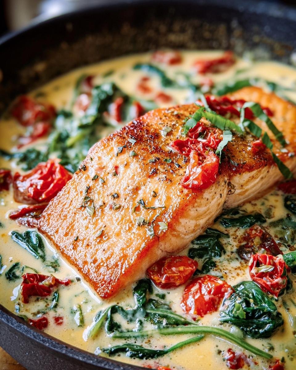 Close-up of Creamy Tuscan Salmon with spinach and tomatoes in a creamy sauce, cooked in a skillet.