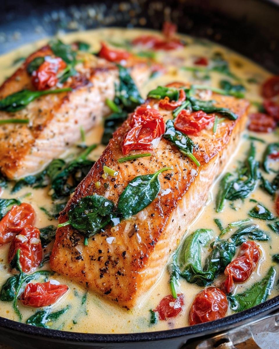 Two pieces of Creamy Tuscan Salmon in a pan with spinach and roasted tomatoes.