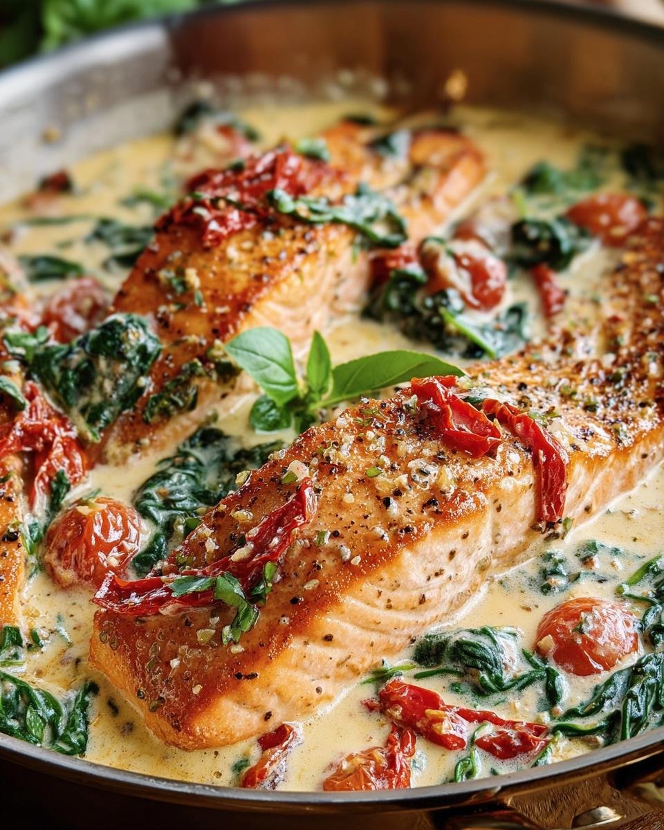 Close-up of Creamy Tuscan Salmon with sun-dried tomatoes, spinach, and a creamy sauce.