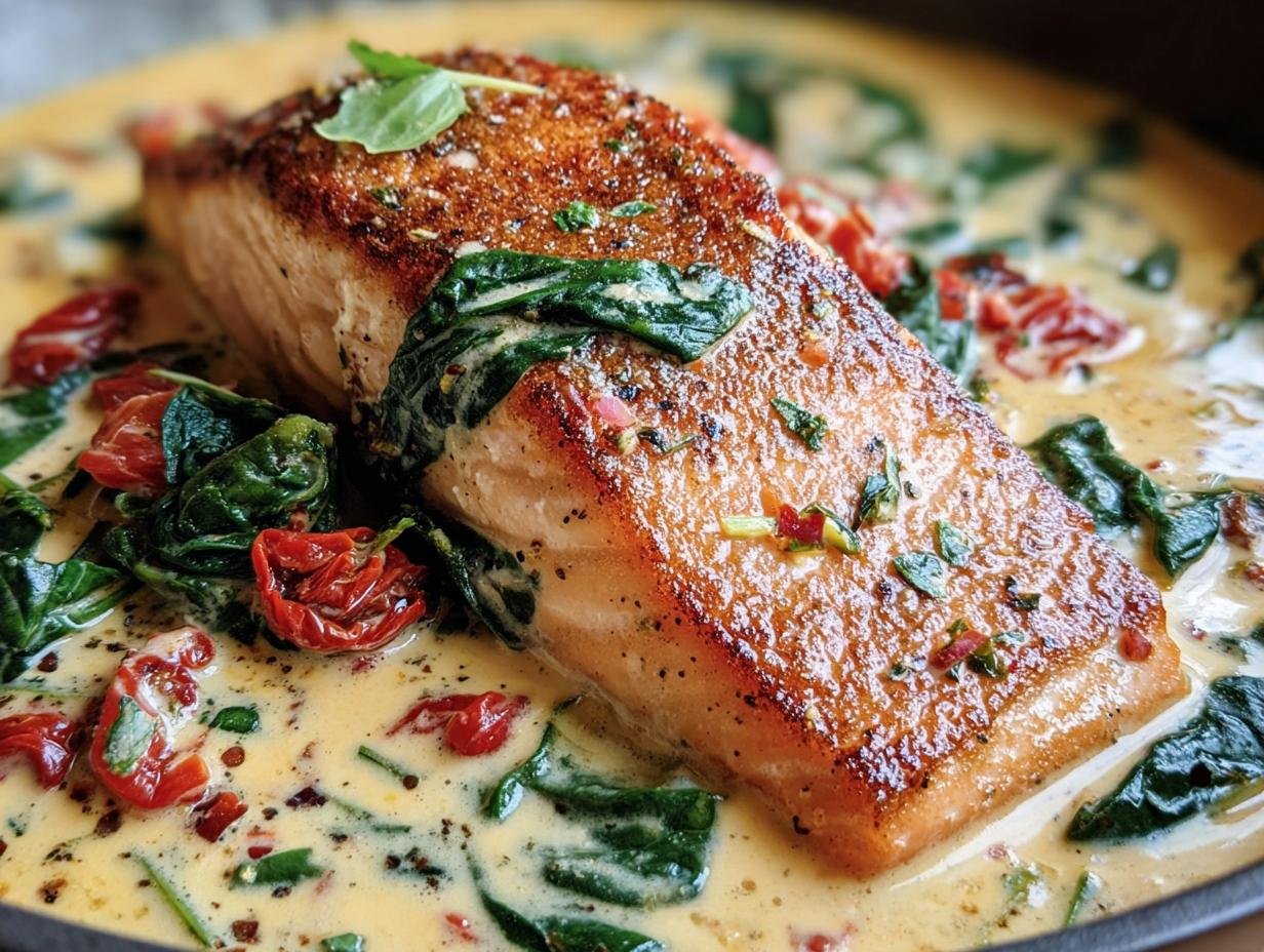 Close-up of Creamy Tuscan Salmon with spinach and sun-dried tomatoes in a creamy sauce.