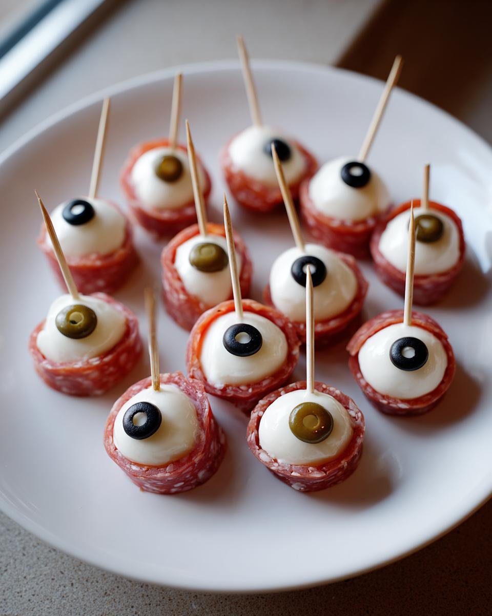A plate of Creepy Skewered Salami “Eyeballs” appetizers with salami, mozzarella, and olives.
