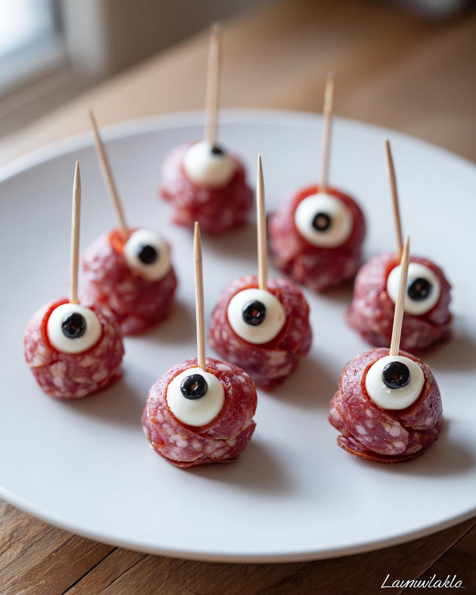 Plate of Creepy Skewered Salami “Eyeballs” appetizers with salami, mozzarella, and black olive.