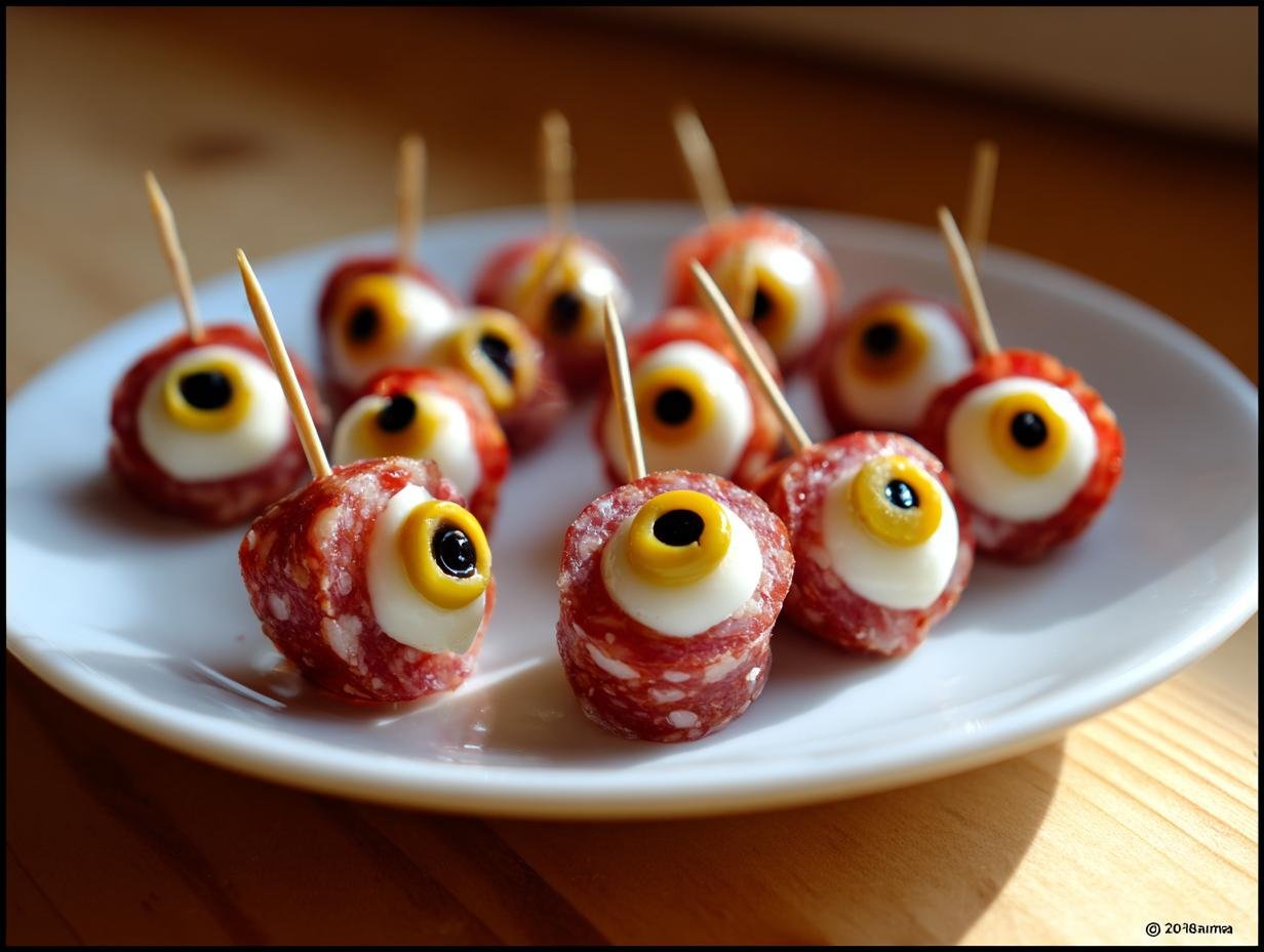 A plate of creepy salami eyeballs, skewered with toothpicks, for a spooky Halloween treat.
