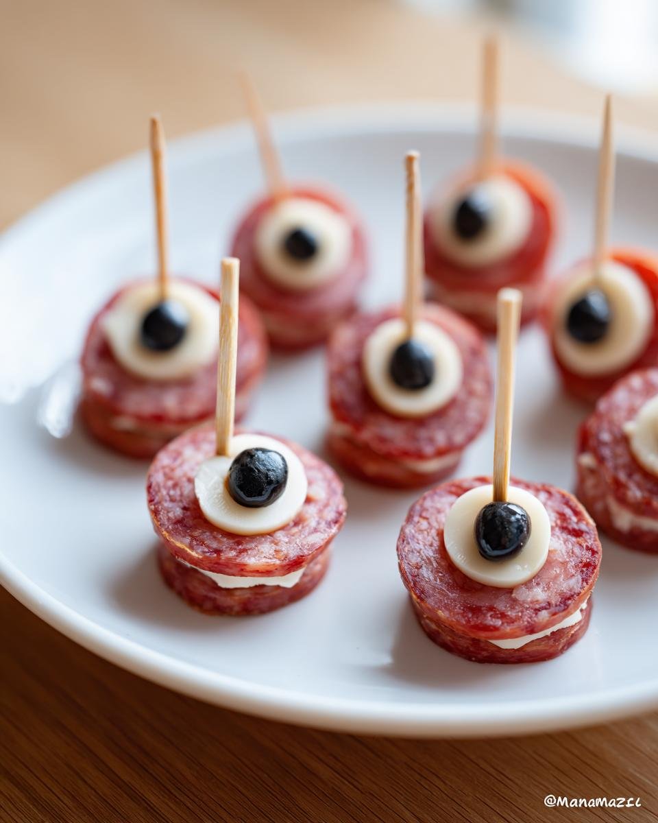 A plate of creepy skewered salami eyeballs, made with salami, cheese, olives, and skewers.