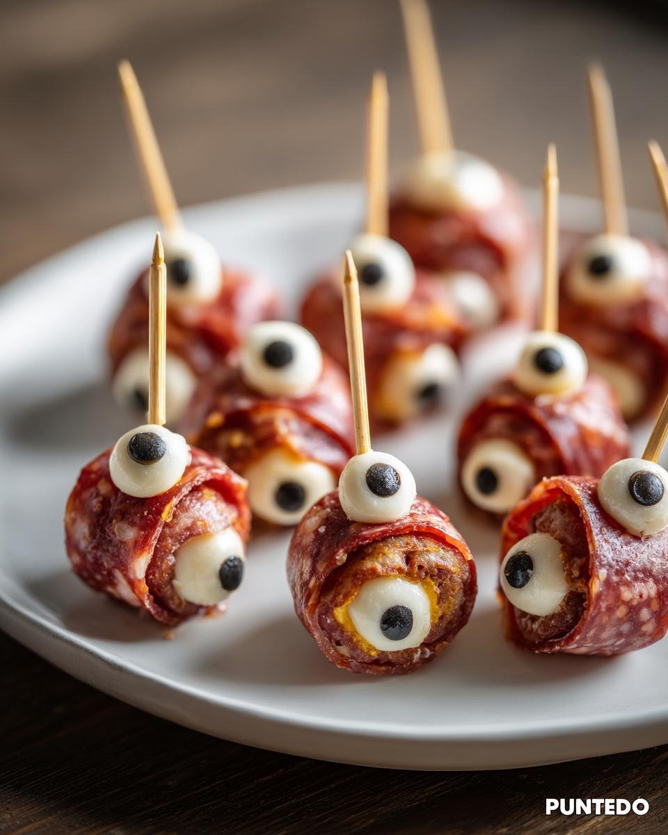 A plate of creepy skewered salami “eyeballs” appetizers, perfect for a Halloween party.