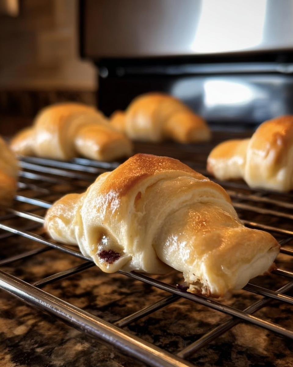 Freshly baked Crescent Rolls with a Fig and Brie filling on a cooling rack, ready to serve.