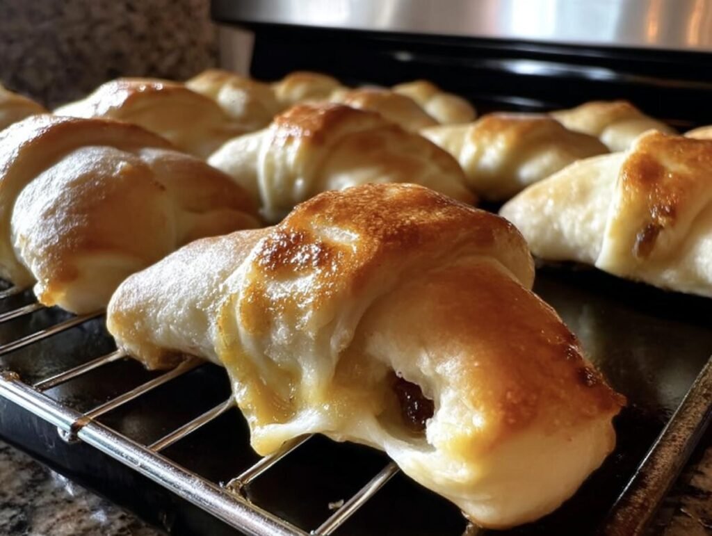 Close-up of freshly baked Crescent Rolls with a Fig and Brie filling on a cooling rack.