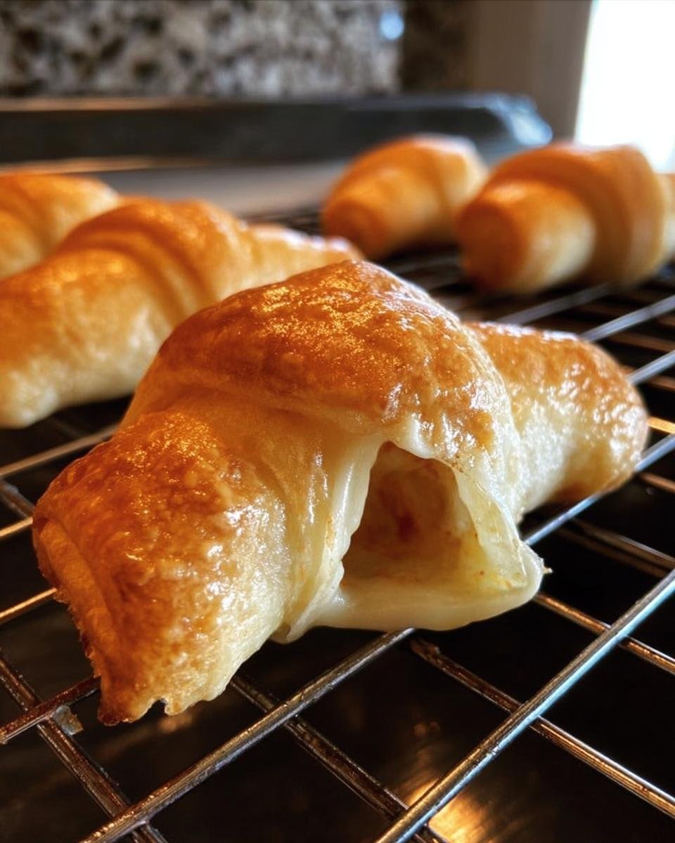 Close-up of freshly baked Crescent Rolls with a Fig and Brie filling on a wire rack.