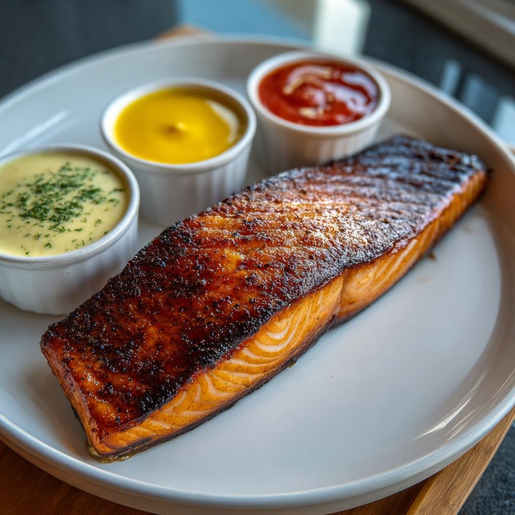 A perfectly cooked piece of Crispy Air Fryer Salmon is served with three delicious dipping sauces.