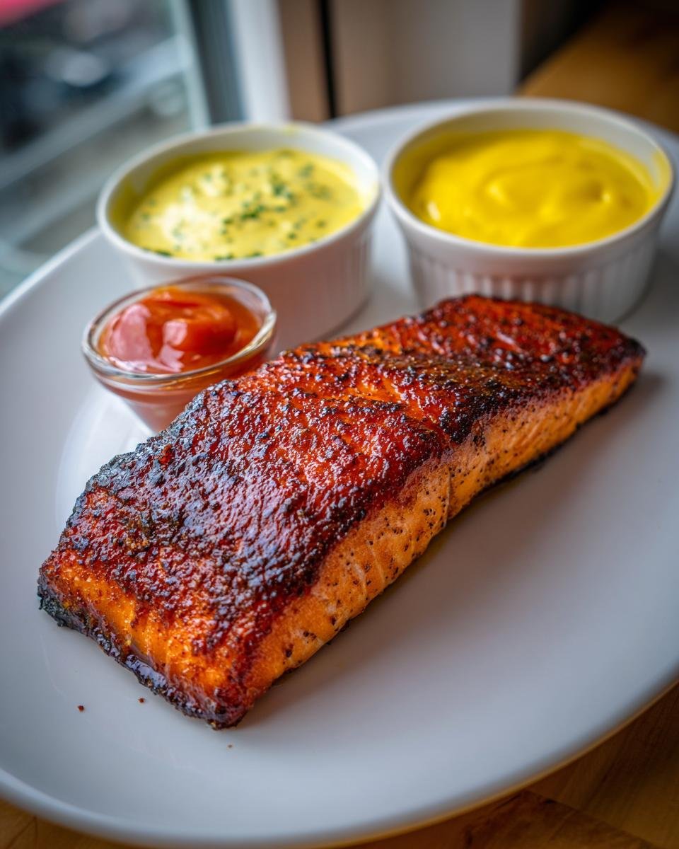 A piece of Crispy Air Fryer Salmon is plated with three different sauces, ready to be tasted.