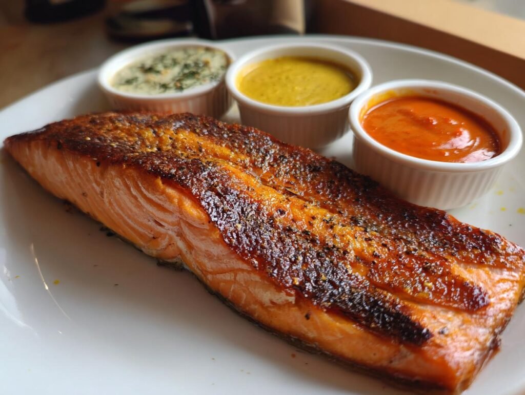 A perfectly cooked piece of Crispy Air Fryer Salmon served with three different dipping sauces.