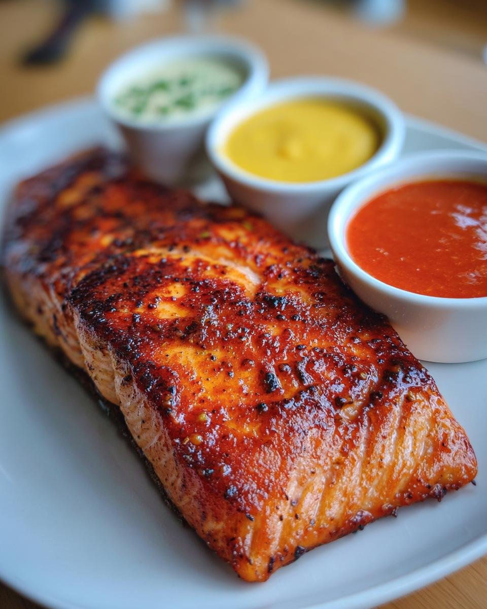 A perfectly cooked piece of Crispy Air Fryer Salmon served with three different flavorful sauces.