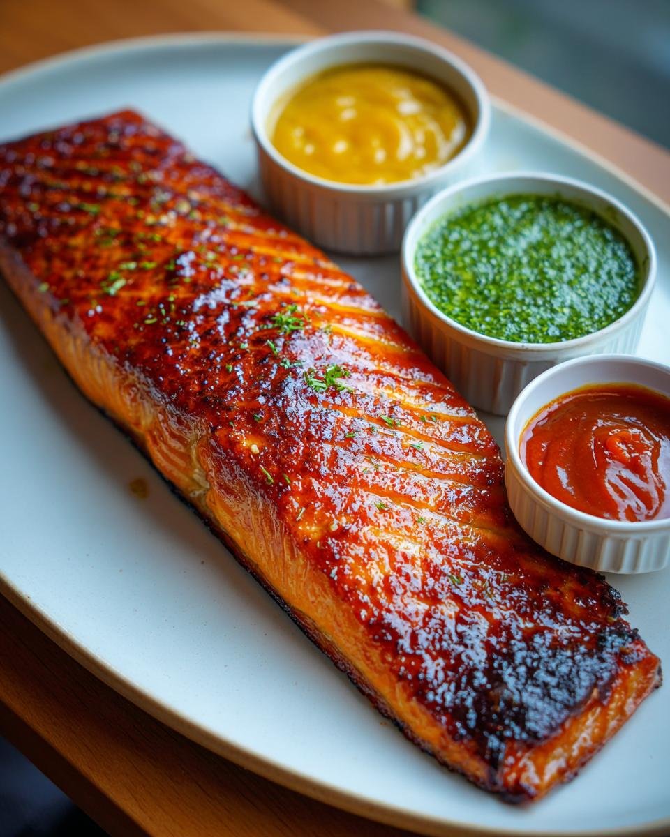 A perfectly cooked Crispy Air Fryer Salmon served with three different sauces: yellow, green, and red.