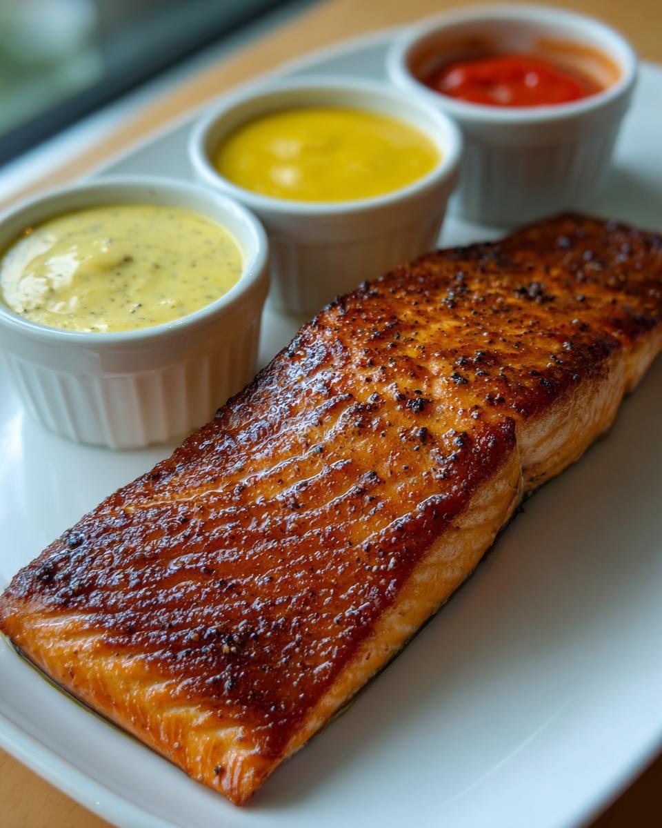 A piece of Crispy Air Fryer Salmon served with three different dipping sauces.
