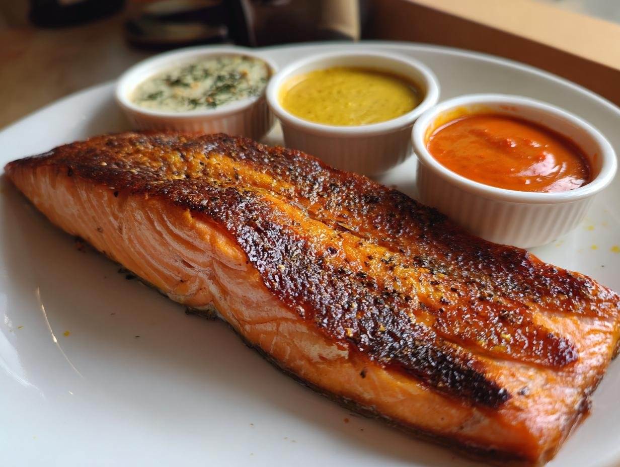 A perfectly cooked piece of Crispy Air Fryer Salmon served with three different dipping sauces.