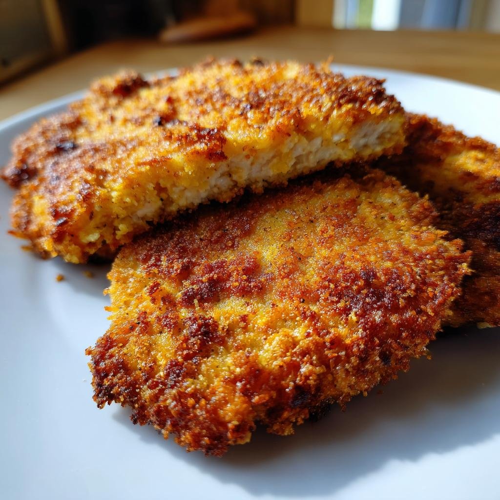 Close-up of Crispy Baked Parmesan Chicken pieces on a white plate, showing golden-brown crust.