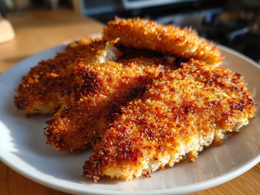 Golden Crispy Baked Parmesan Chicken pieces on a white plate, showcasing the crispy texture.