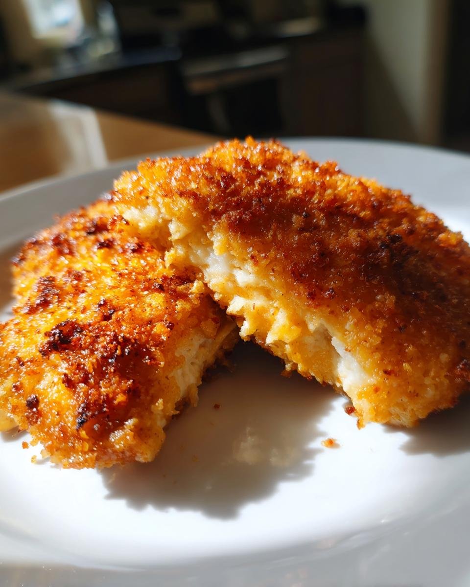 Close-up of Crispy Baked Parmesan Chicken showing the golden crust and juicy interior on a white plate.