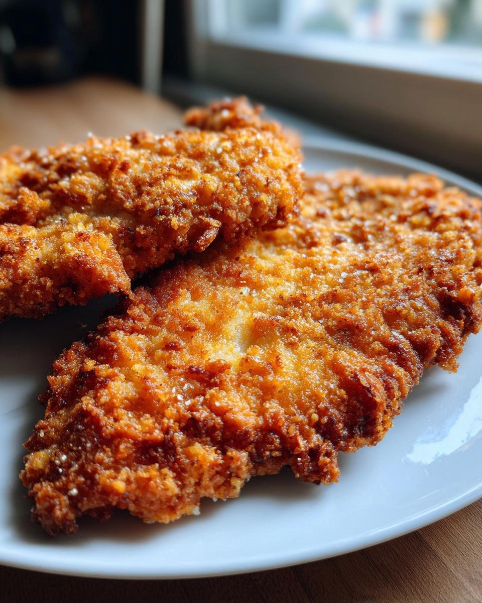 Two pieces of golden brown Crispy Baked Parmesan Chicken on a white plate, ready to be served.