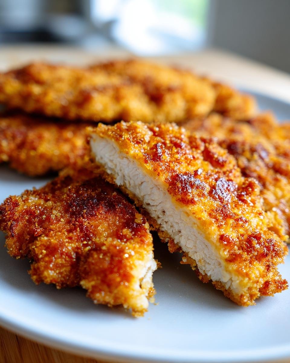 Close-up of Crispy Baked Parmesan Chicken cutlet, showing the golden-brown crust and juicy interior.
