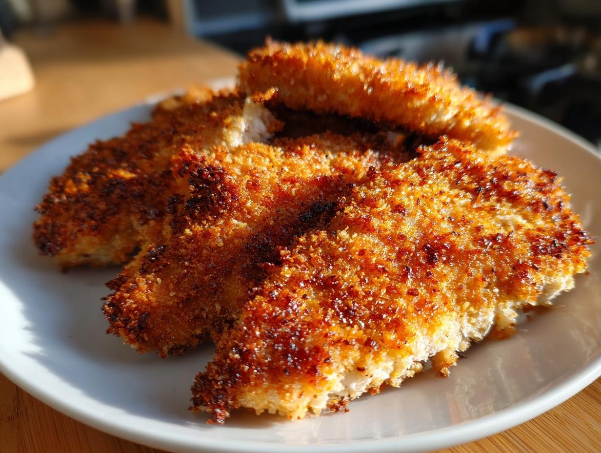 Golden Crispy Baked Parmesan Chicken pieces on a white plate, showcasing the crispy texture.