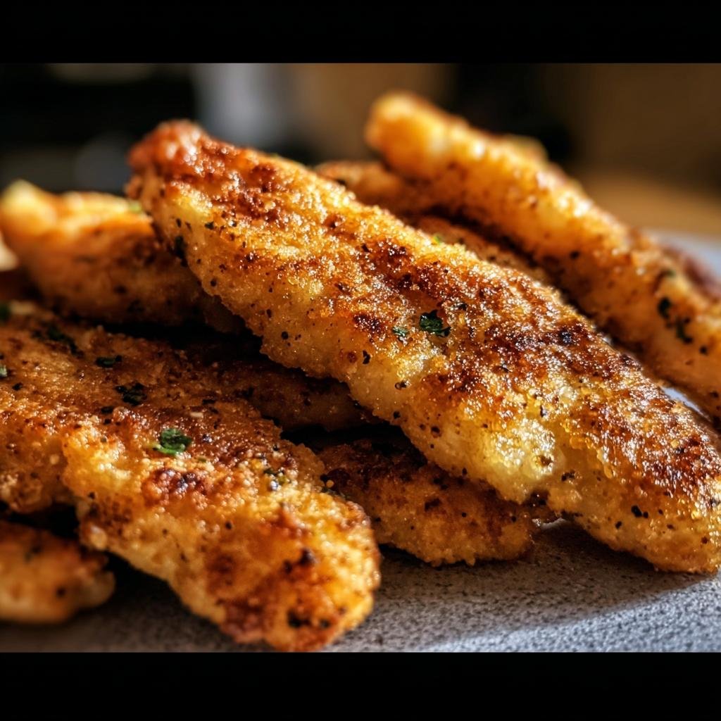Close-up of golden brown, crispy Chicken Tenders Recipe, stacked on a plate.