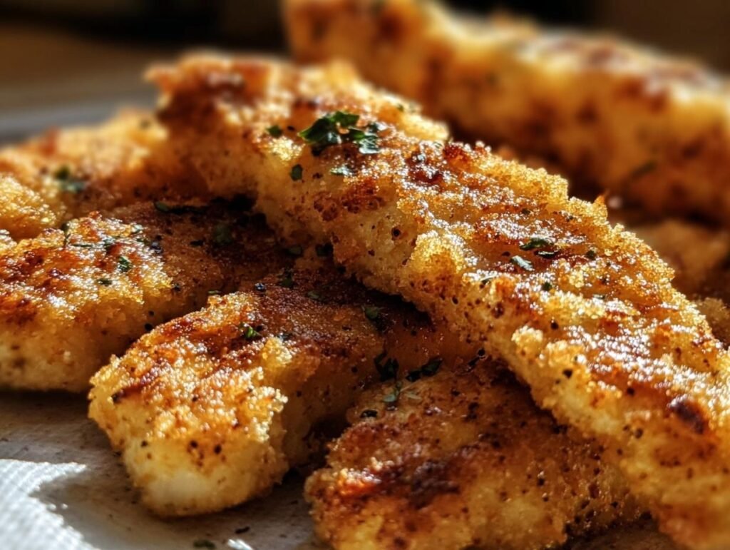Close-up of golden brown crispy Chicken Tenders Recipe, garnished with herbs.
