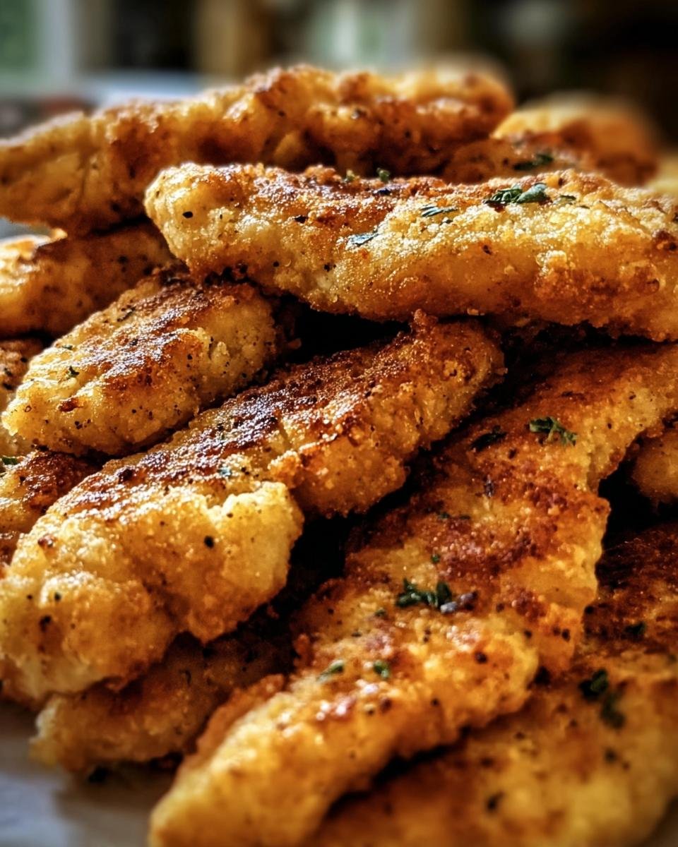 A close-up of a pile of golden-brown, crispy Chicken Tenders Recipe, garnished with herbs.