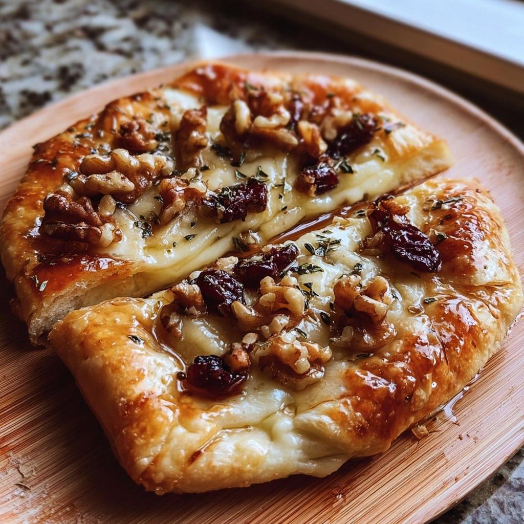 Delicious Crispy Flatbread with Brie, topped with walnuts, cranberries, and fresh herbs on a wooden board.