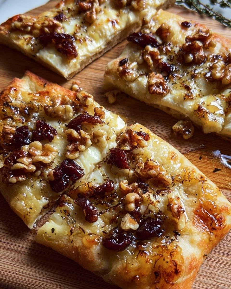 Close-up of Crispy Flatbread with Brie, topped with walnuts and cranberries on a wooden board.