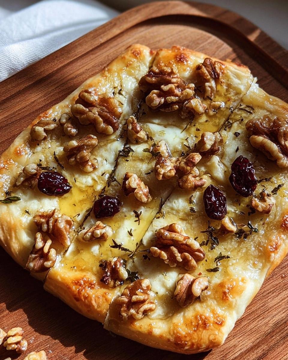 Close-up of Crispy Flatbread with Brie, walnuts, cranberries, and herbs on a wooden board.