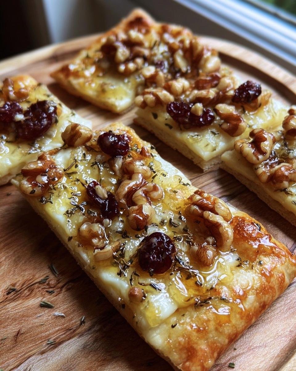 Close-up of Crispy Flatbread with Brie, walnuts, cranberries, herbs, and a honey drizzle on a wooden board.