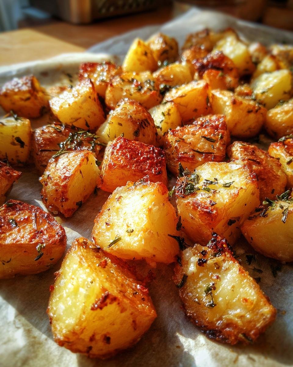 Close-up of Crispy Garlic Herb Roasted Potato cubes, golden brown and seasoned with herbs on a baking sheet.