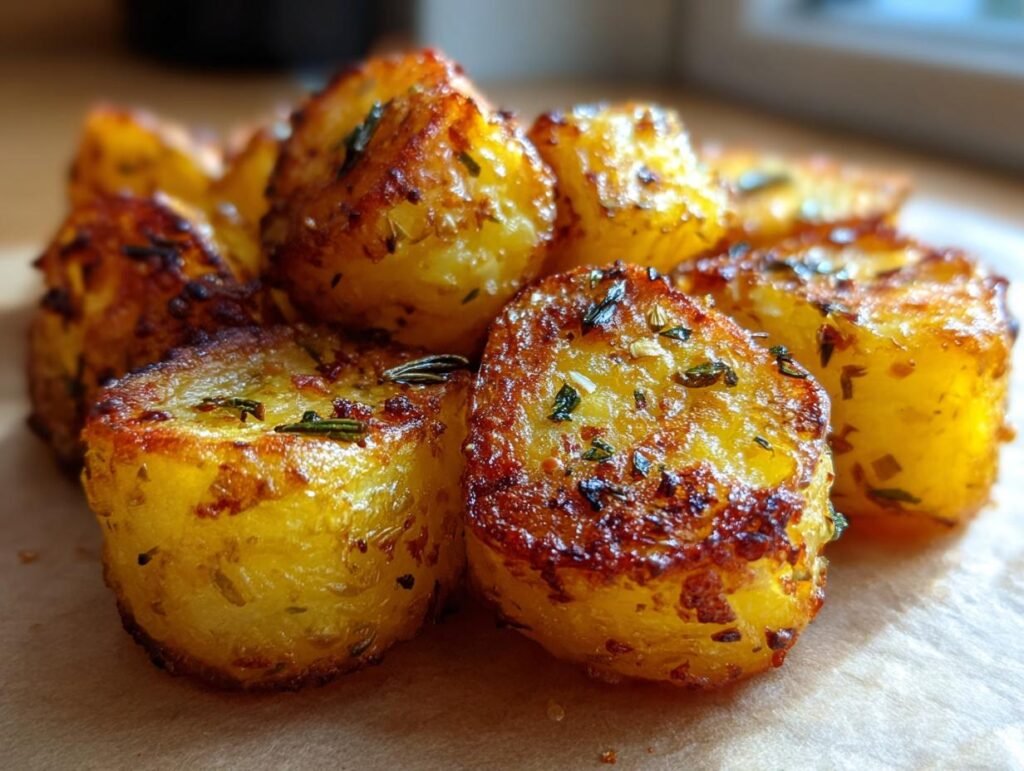Close-up of Crispy Garlic Herb Roasted Potato pieces, golden brown and seasoned with herbs.