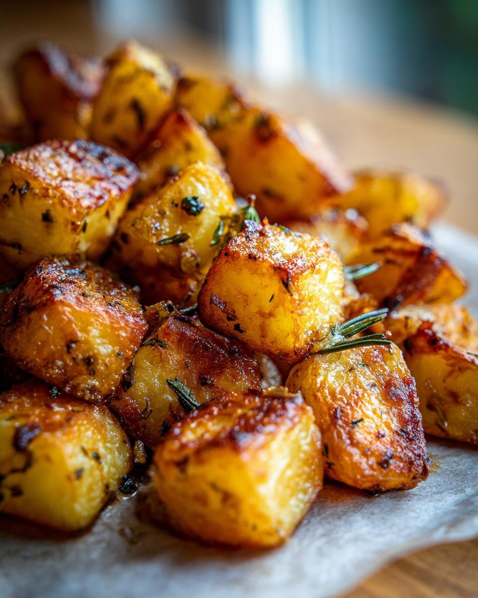 Close-up of Crispy Garlic Herb Roasted Potato, showing golden-brown potatoes with herbs.