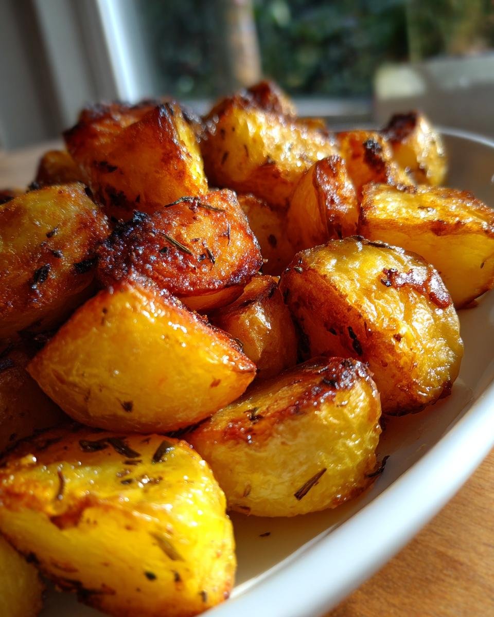 A close-up of Crispy Garlic Herb Roasted Potato showing golden-brown, crispy edges and herb seasoning.