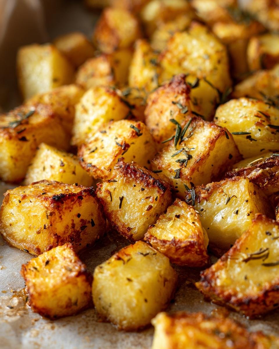 Close-up of Crispy Garlic Herb Roasted Potato cubes with golden-brown crust and herb garnish.