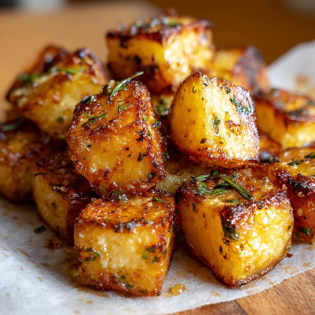Close-up of a stack of Crispy Garlic Herb Roasted Potato cubes, golden brown and seasoned with herbs.