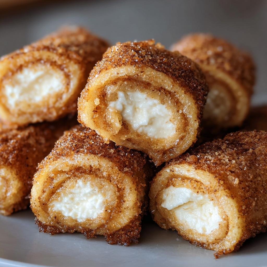 Close-up of Crispy Keto Cinnamon Cream Cheese Roll Ups, showcasing the cinnamon sugar coating and creamy filling.