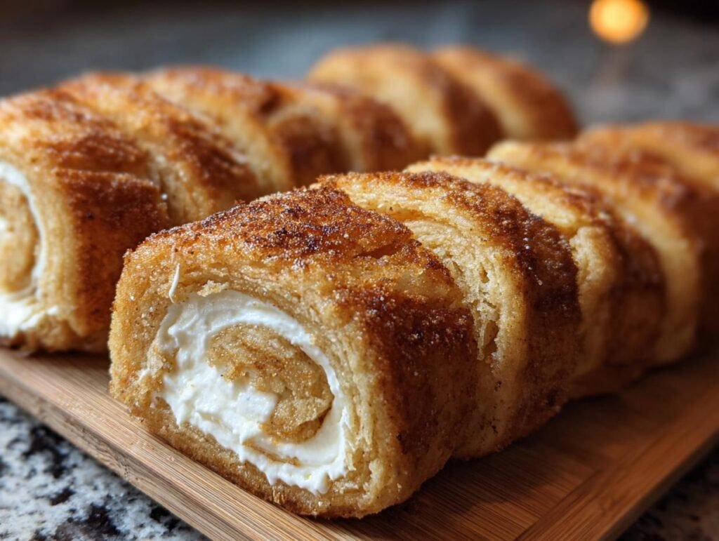 Close-up of Crispy Keto Cinnamon Cream Cheese Roll Ups on a wooden board, showcasing the creamy filling and cinnamon coating.